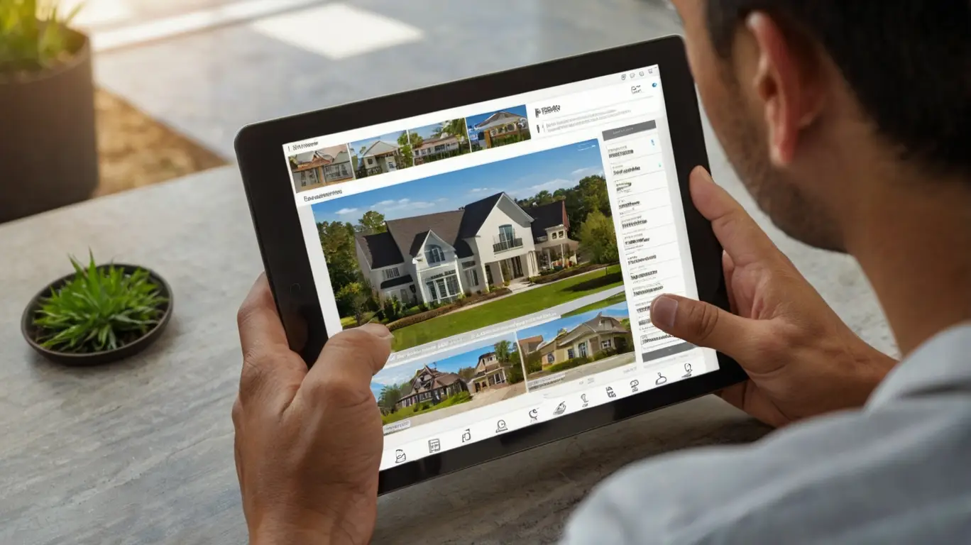 Agent looking at property listings with AI assistant interface on tablet